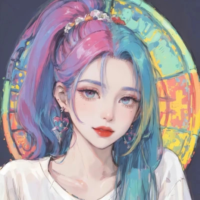 彩虹马尾女孩动漫头像图片