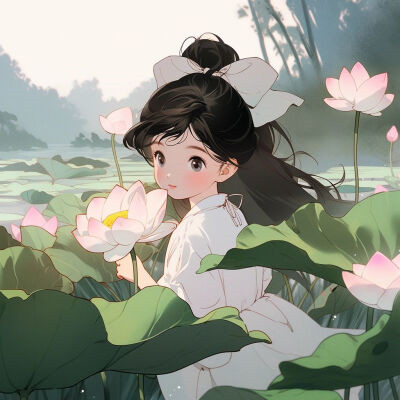 唯美又可爱的荷花女生动漫头像图片