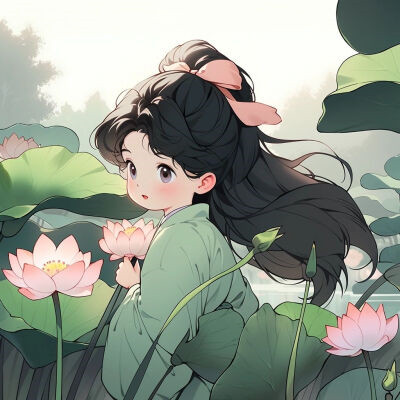 唯美又可爱的荷花女生动漫头像图片