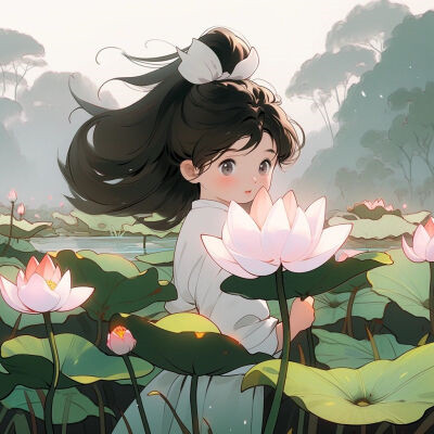唯美又可爱的荷花女生动漫头像图片