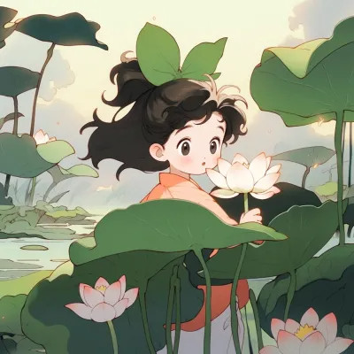 唯美又可爱的荷花女生动漫头像图片