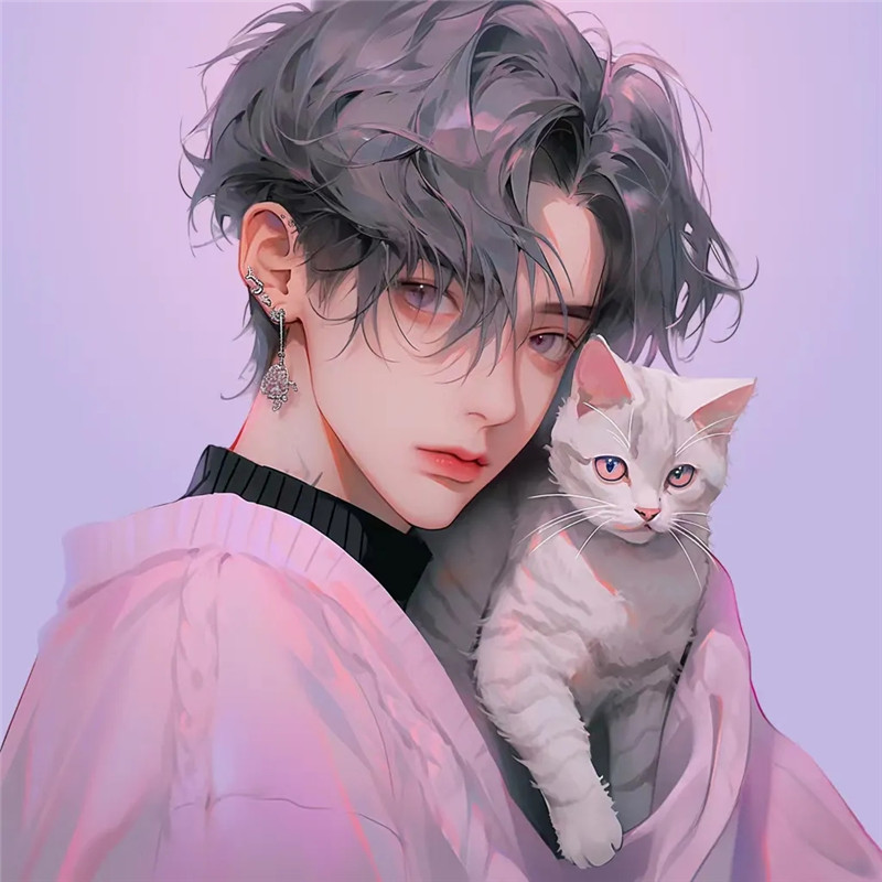 紫色系抱猫一男一女动漫头像图片