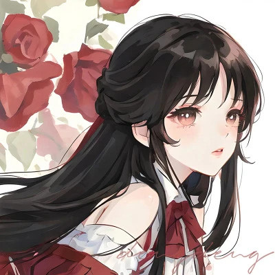 红色系二次元黑发动漫女头图片