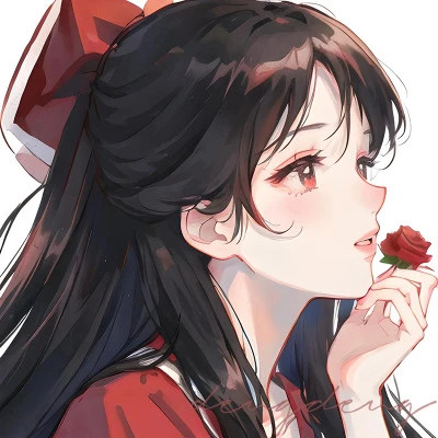 红色系二次元黑发动漫女头图片