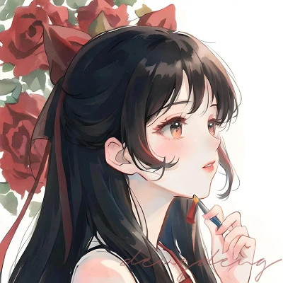 红色系二次元黑发动漫女头图片