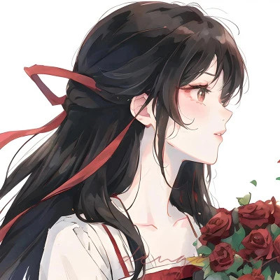 红色系二次元黑发动漫女头图片