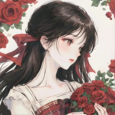红色系二次元黑发动漫女头图片