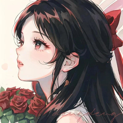 红色系二次元黑发动漫女头图片