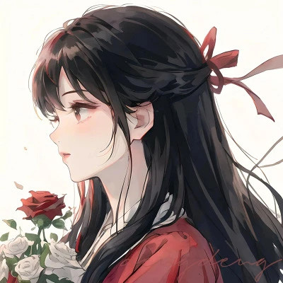 红色系二次元黑发动漫女头图片