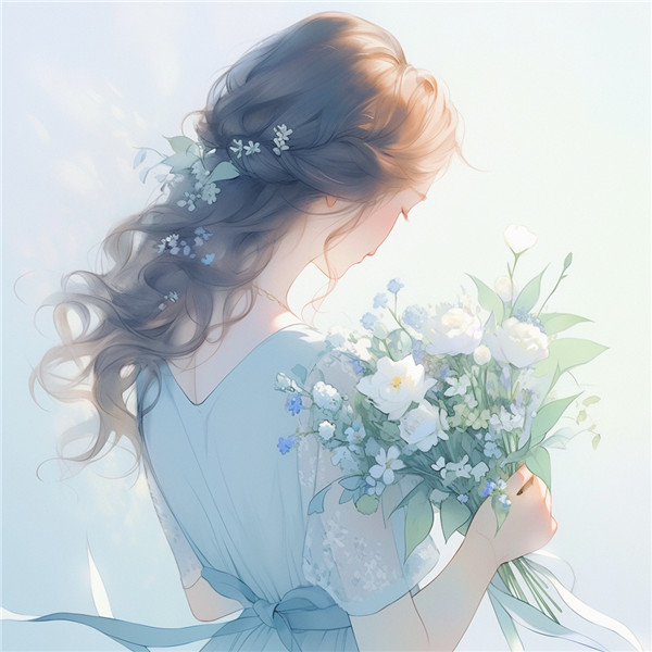 手捧鲜花的手绘女生背影头像图片