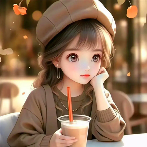喝奶茶唯美女生动漫头像图片
