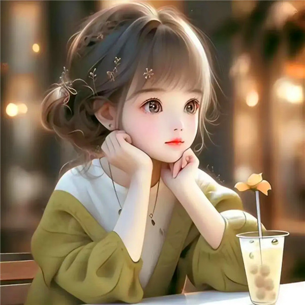 喝奶茶唯美女生动漫头像图片