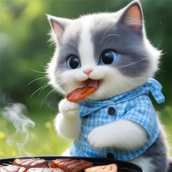 可爱烧烤吃烤肉的猫咪头像图片