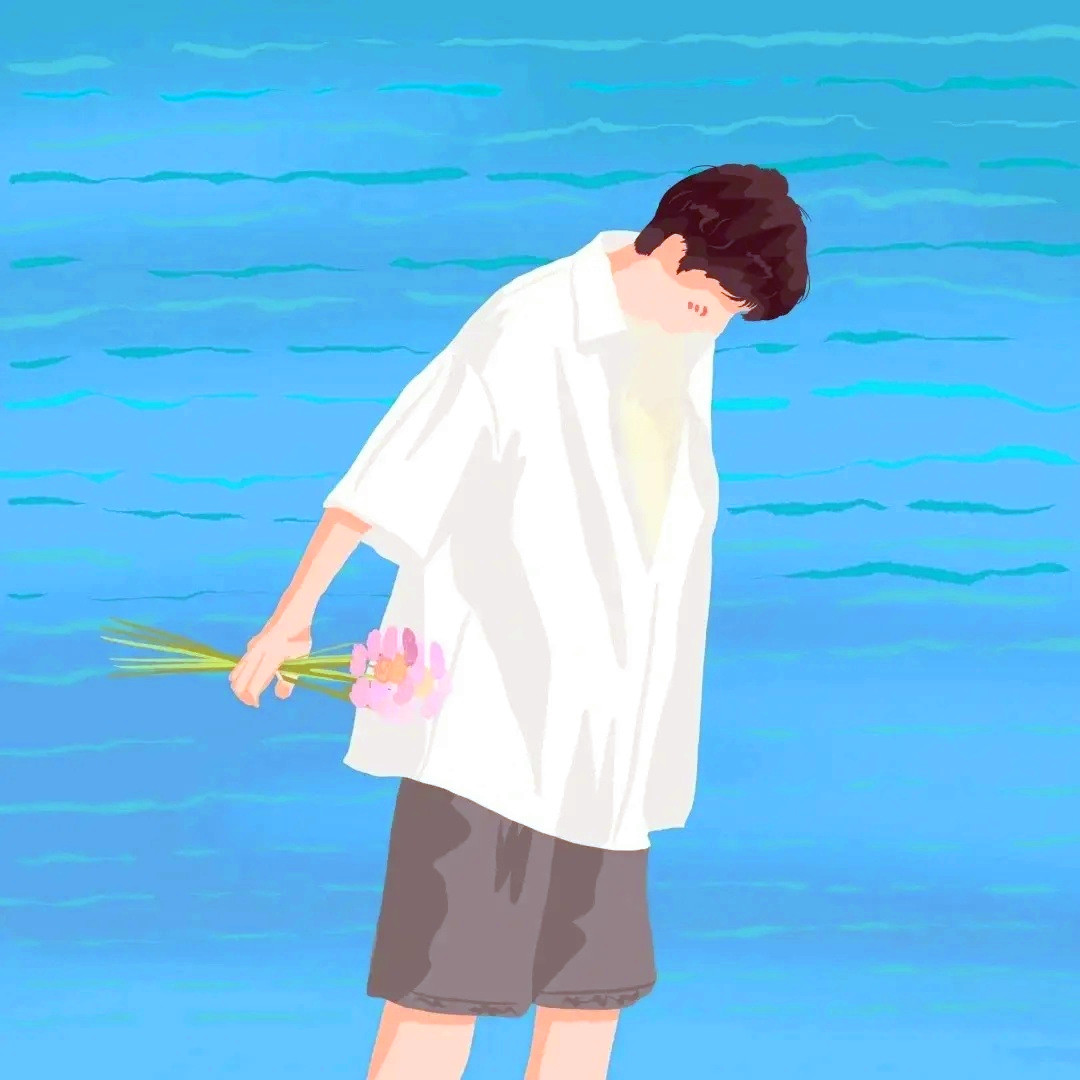 蓝色系不露脸背影手绘一男一女情侣头像图片