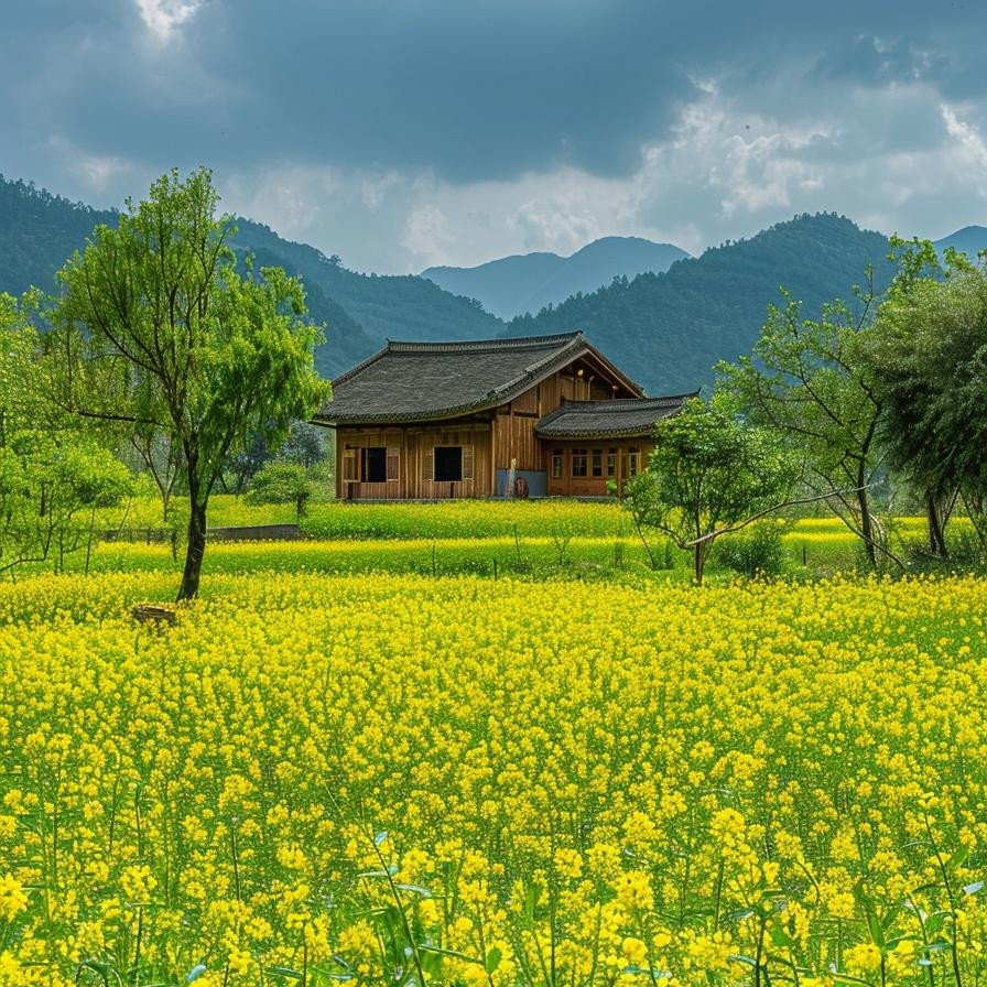 油菜花海中的小屋风景头像图片