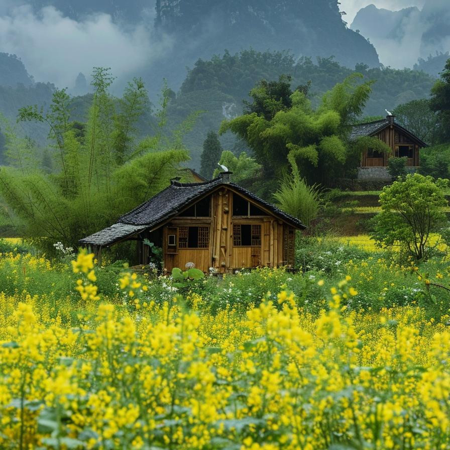 油菜花海中的小屋风景头像图片